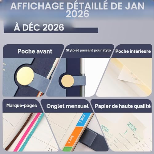 Agenda Scolaire 2026 A5 : Planificateur Journalier Une Page par Jour, Couverture Rigide avec Stylo Inclus