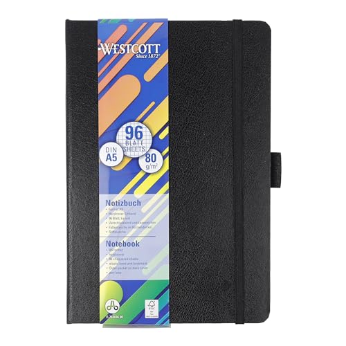 Westcott Carnet de Notes A5 Quadrillé - 192 Pages, Couverture Rigide, Porte-Stylo, Marque-Page