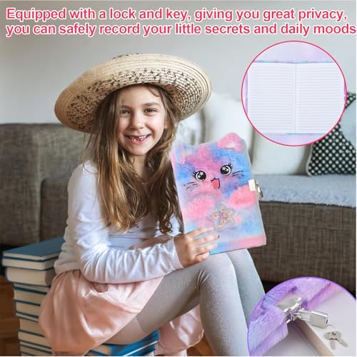 Journal Intime Fille Chat Mignon avec Serrure et Clé - Carnet Secret Peluche Douce 21,5x15,5 cm Rose Bleu - Cadeau Anniversaire Scolaire Voyage