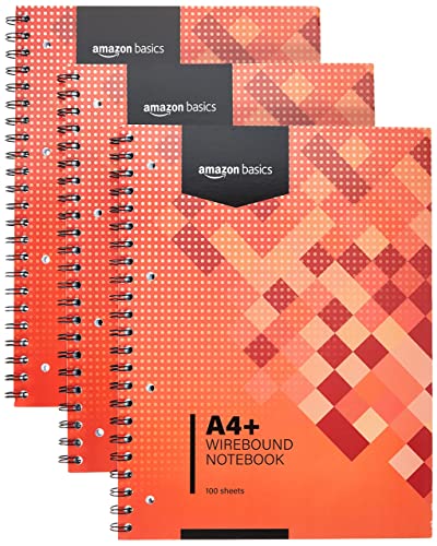 Amazon Basics Cahier A4+ Reliure Spirale, 100 Feuilles, 200 Pages, 80 g/m², Lot de 3, Rouge