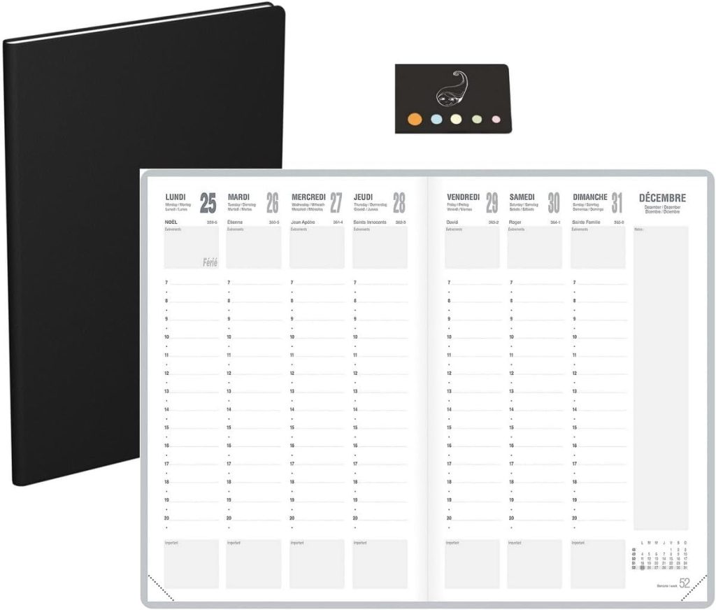 Agenda Semainier Classique Noir A4 Vertical 2027 - Organisation Idéale