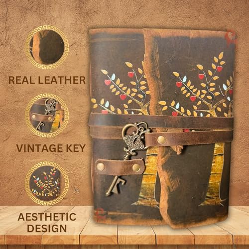 URBAN LEATHER Journal Intime Cuir Artisanale Motif Arbre de Vie - Carnet Vierge Rustique