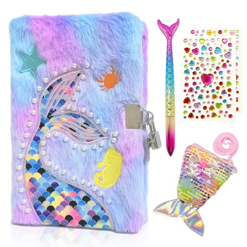 Lot de 4 Sirènes : Journal Intime Fille avec Cadenas, Carnet Peluche A5, Portefeuille Sequins, Stylo & Autocollants