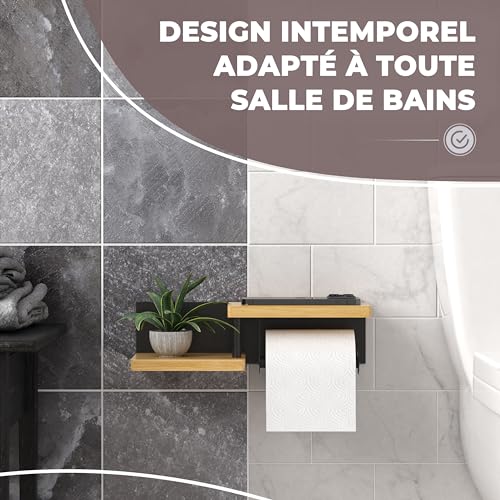 ElbFuchs® Porte Papier Toilette Mural en Bambou - Design Élégant avec Étagère Intégrée - Installation Facile sans Percage - Noir
