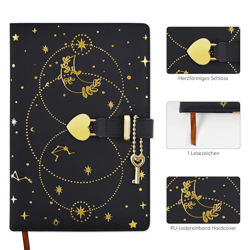 Mlife Cahier A5 Journal Secret avec Cadenas Cœur, 192 Pages 100g/m², Carnet Personnel pour Enfants et Adultes (Noir)
