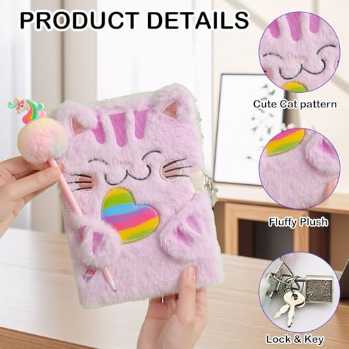 Journal Intime Fille avec Serrure et Clé - Carnet Secret Chat Peluche Douce Violet Arc-en-ciel - Cadeau Enfant 6 ans+