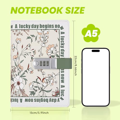 Tanou Journal Intime A5 Cuir PU Floral avec Cadenas à Combinaison - 200 Pages Lignées