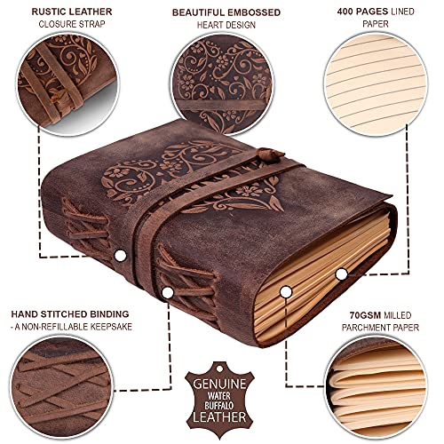 Moonster® Carnet en Cuir Véritable Ligné avec Cœur en Relief - Journal Intime 400 Pages - Cadeau Femme Idéal