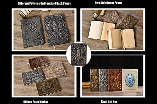 YHH Carnet de Notes A5 Ligné Vintage Cuir, 200 Pages, Couverture Rigide, Journal Intime Phénix Argent