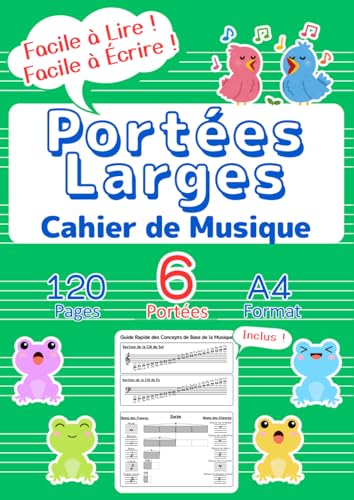 Cahier de Musique pour Enfants - Apprentissage Musical Ludique - Format A4 - 6 Portées Larges - Guide Débutant - Vert
