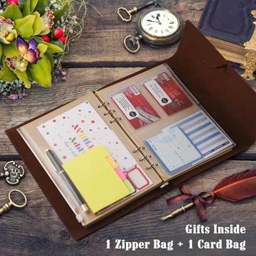 OMEYA Carnet en Cuir Vintage A5 Rechargeable - Journal de Voyage 160 Pages Blanc 100g/m² avec 2 Pochettes PVC