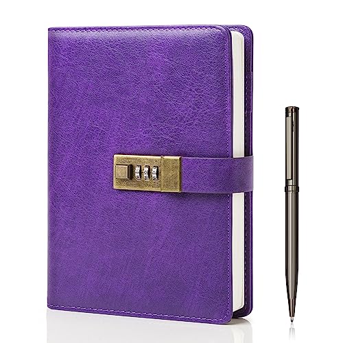 WEMATE Journal Intime à Code PIN, A5 Carnet en Cuir PU Vintage avec Serrure, 240 Pages Rechargeables, Idéal pour Garçons et Filles, Bureau et École, Violet
