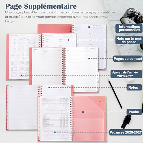 Agenda Semainier 2026 A5 Spirale - Planificateur Annuel avec Boucle Stylo et Autocollants - Bleu Clair