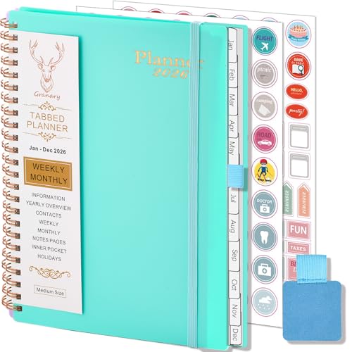 Agenda Semainier 2026 A5 Spirale - Planificateur Annuel avec Boucle Stylo et Autocollants - Bleu Clair