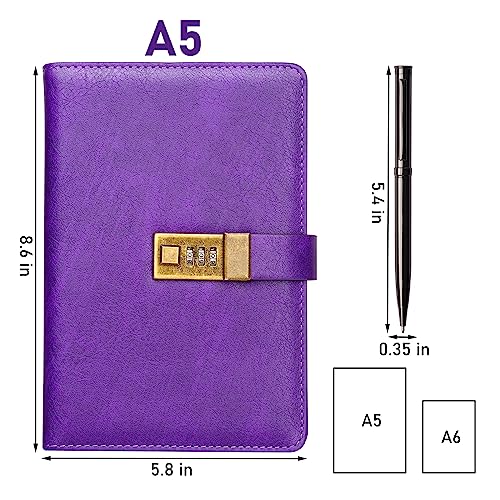 WEMATE Journal Intime à Code PIN, A5 Carnet en Cuir PU Vintage avec Serrure, 240 Pages Rechargeables, Idéal pour Garçons et Filles, Bureau et École, Violet