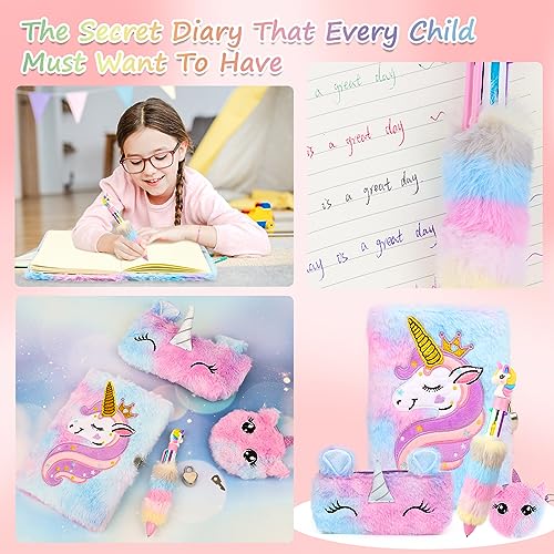 VFANDV Journal Intime Fille avec Cadenas - Cahier Licorne Peluche et Stylo Multicolore - Agenda Secret Cadeau Noël 3-9 Ans (Violet)