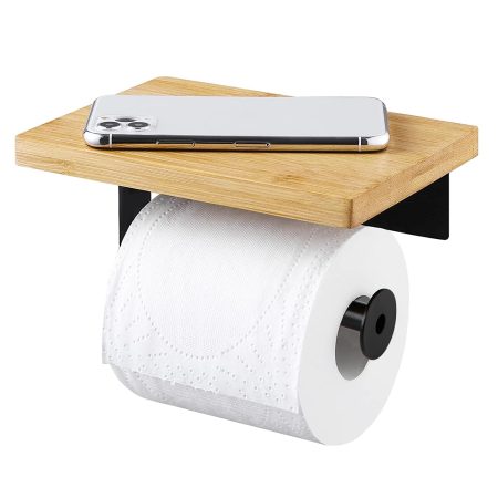 Porte Papier Toilette Mural avec Étagère en Bambou et Plateau - Installation Facile sans Perçage