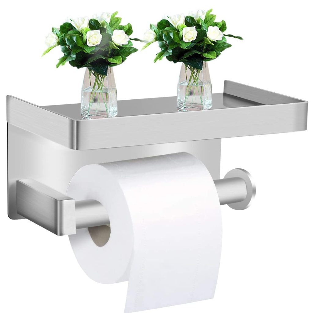 Porte-rouleau papier toilette avec étagère en acier inoxydable SUS304 - Montage adhésif ou à vis - Blanc