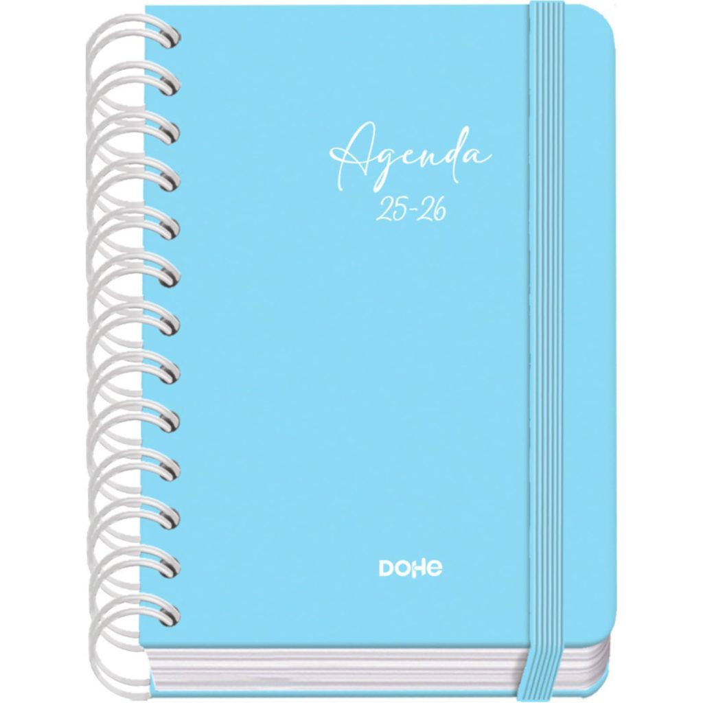 Agenda Scolaire 2025-2026 A6 "Serenity Bleu" - Un Jour par Page, Bilingue Espagnol/Anglais, Spirale, Élastique, Couverture Rigide, Autocollants Inclus