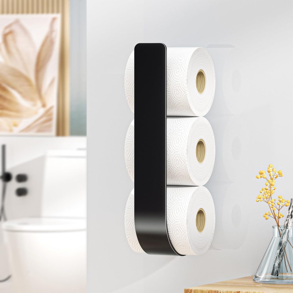 Porte Rouleau Papier Toilette Mural Adhésif Noir - Capacité 3 Rouleaux - Métal Robuste