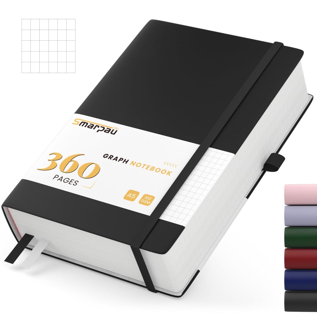 Smarpau Carnet de Notes A5 à Carreaux - Couverture Rigide en Cuir PU, 360 Pages, 100 g/m², Idéal pour Travail, Études et Voyages
