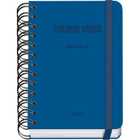 Agenda Scolaire 2025-2026 A6 (12x17 cm) - Page par Jour, Bilingue Espagnol/Anglais, Spirale Double, Élastique, Couverture Rigide, Autocollants - COLOUR VIBES Bleu