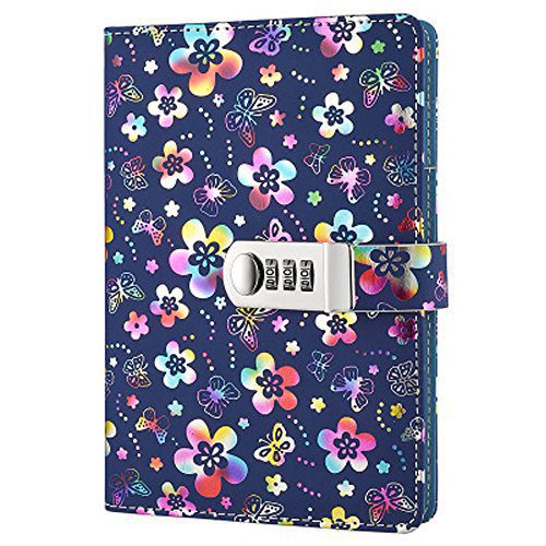 Carnet de Notes Ligné en Cuir PU avec Serrure à Combinaison - Motif Floral Coloré