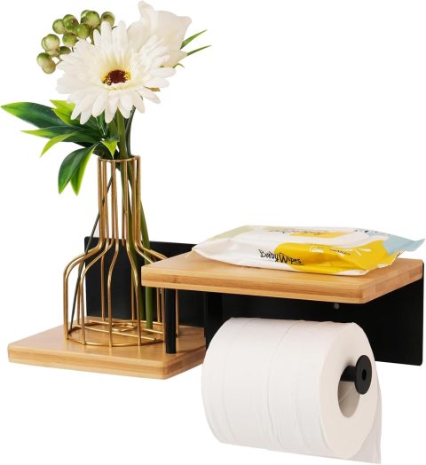 Support Papier Toilette Mural avec Étagère en Bois - Design Moderne sans Perçage pour Salle de Bain et Cuisine