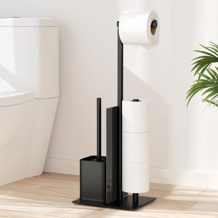 Porte Papier Toilette sur Pied avec Brosse WC Intégrée - Acier Inoxydable Noir Mat, Design sans Perçage