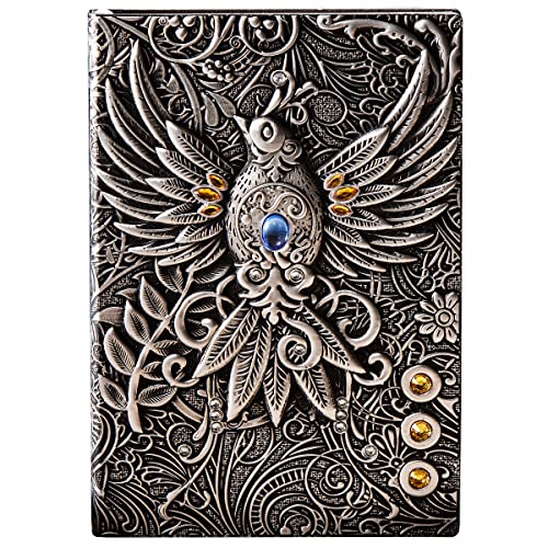 YHH Carnet de Notes A5 Ligné Vintage Cuir, 200 Pages, Couverture Rigide, Journal Intime Phénix Argent