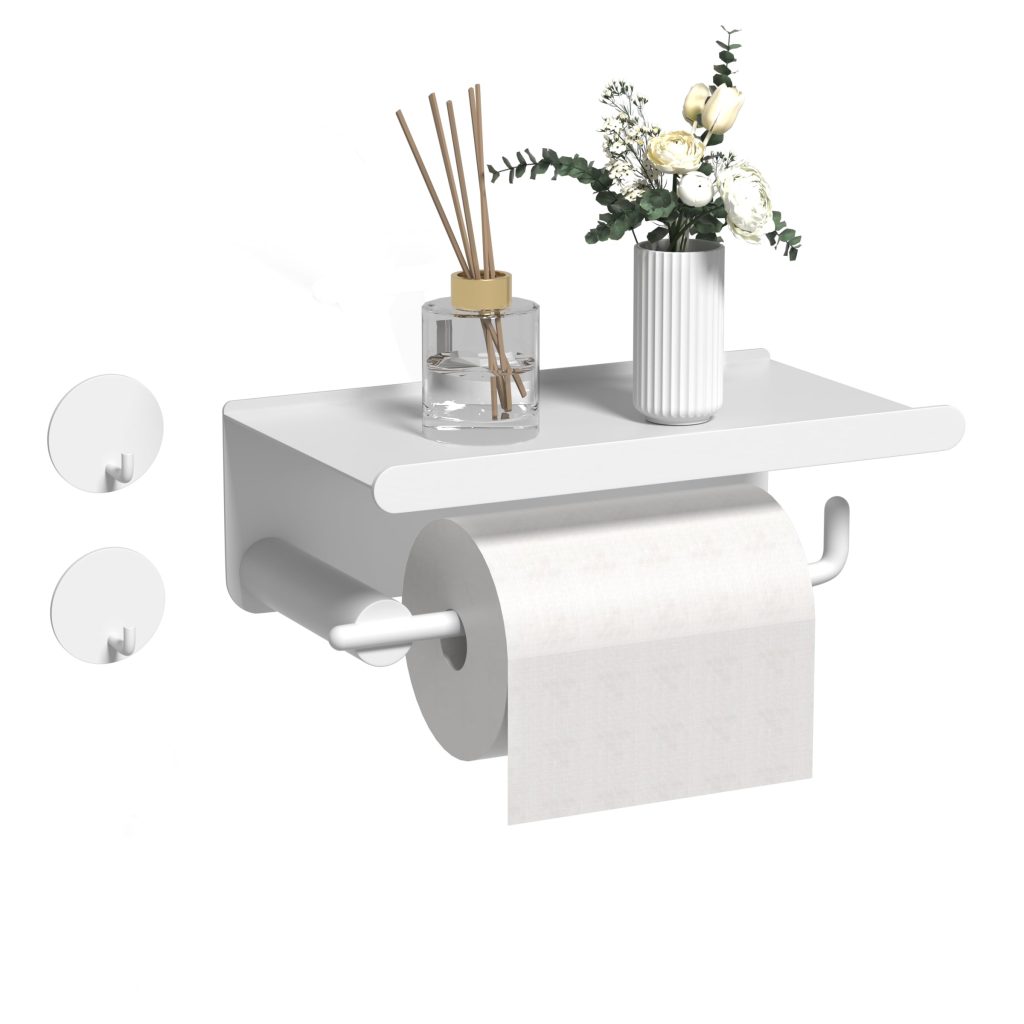Porte Papier Toilette Mural Auto-Adhésif en Acier Inoxydable avec Étagère - Blanc