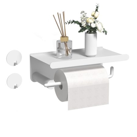 Porte Papier Toilette Mural Auto-Adhésif en Acier Inoxydable avec Étagère - Blanc