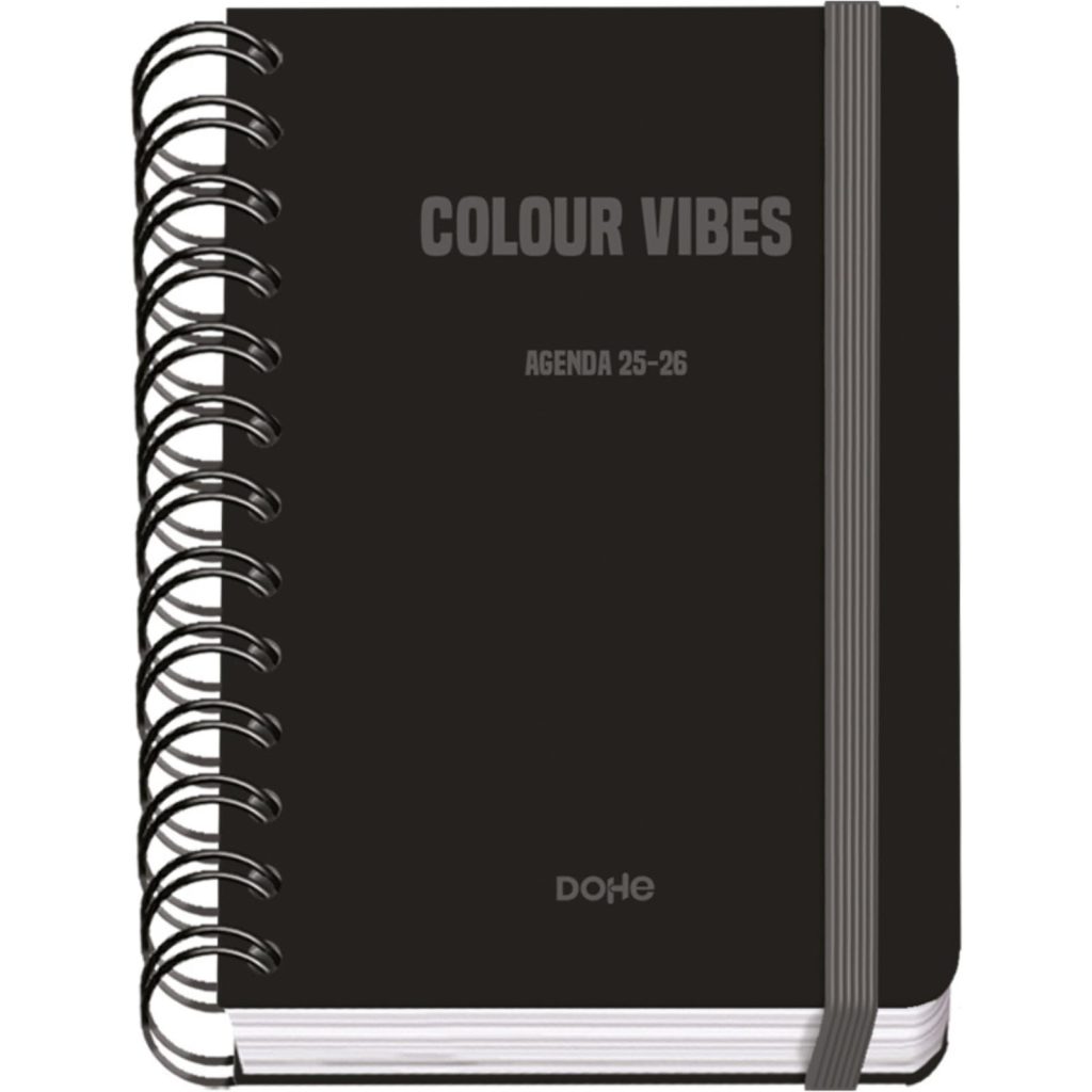 Agenda Scolaire 2025-2026 A6 (12x17 cm) - Page par Jour, Bilingue Espagnol/Anglais, Spirale, Élastique, Couverture Rigide, Autocollants - COLOUR VIBES Noir