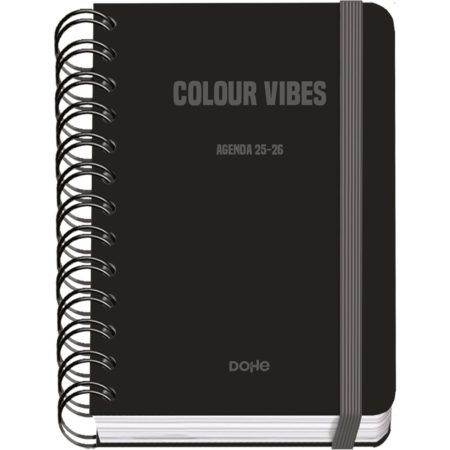 Agenda Scolaire 2025-2026 A6 (12x17 cm) - Page par Jour, Bilingue Espagnol/Anglais, Spirale, Élastique, Couverture Rigide, Autocollants - COLOUR VIBES Noir