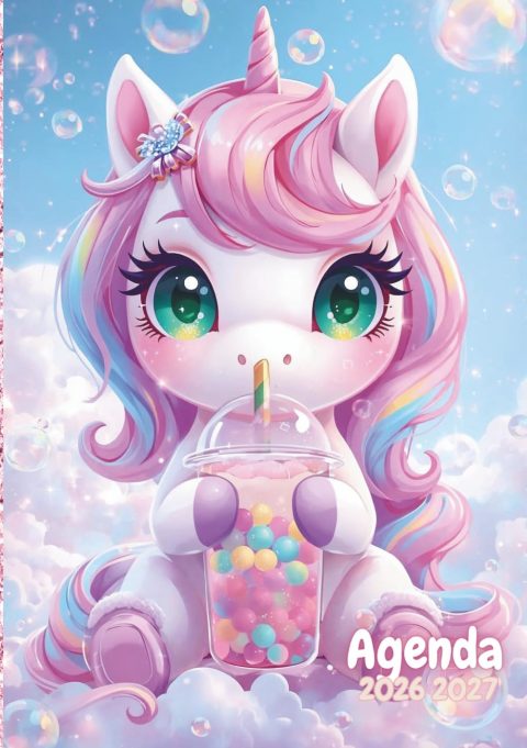 Agenda Scolaire 2026-2027 Journalier - Licorne Arc-en-ciel Kawaii pour Filles (CP à CM2)