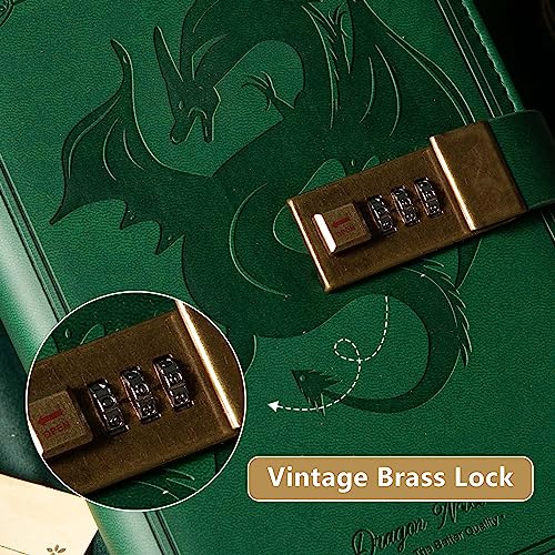TIEFOSSI Carnet de Notes en Cuir Dragon - Couverture Rigide, Rechargeable, avec Cadenas à Combinaison - Idéal pour Hommes, Femmes et Enfants - Vert