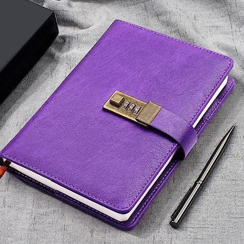 WEMATE Journal Intime à Code PIN, A5 Carnet en Cuir PU Vintage avec Serrure, 240 Pages Rechargeables, Idéal pour Garçons et Filles, Bureau et École, Violet