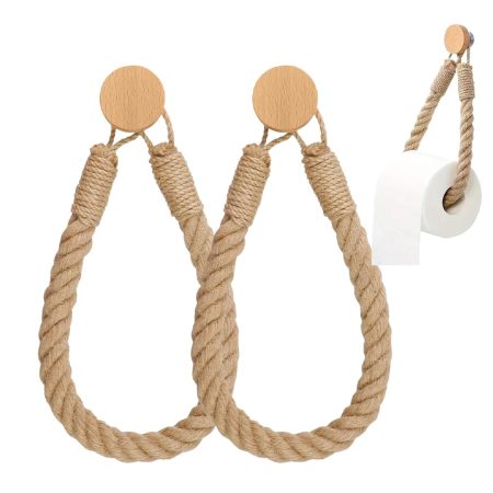 Lot de 2 Porte-Rouleau Papier Toilette Rustique en Bois et Corde de Jute - Fixation Adhésive Facile
