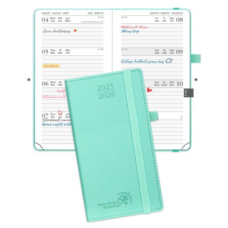 POPRUN Agenda de Poche 2025-2026 : Semainier 16,5 x 9 cm, 17 Mois, Couverture Rigide PU Cuir, Papier 80g/m², Idéal Étudiant, Menthe Verte