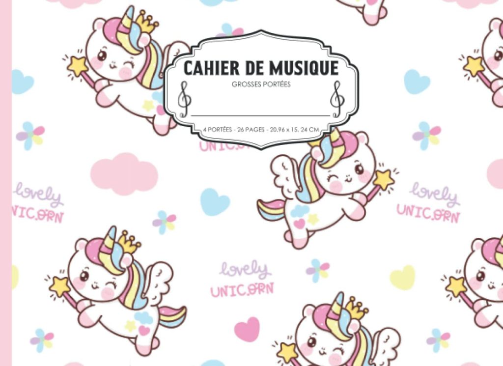 Cahier de Musique pour Enfants : Grandes Portées pour Apprendre le Solfège | Format Italien, 24 Pages, Couverture Licornes Arc-en-ciel