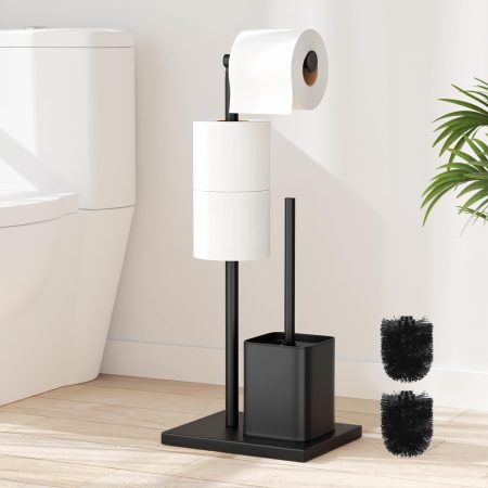 Porte Papier Toilette et Brosse WC sur Pied en Acier Inoxydable Noir Mat - Design Moderne Sans Perçage