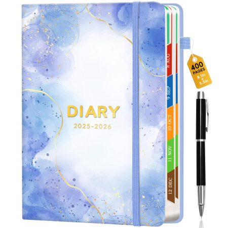 Agenda 2025-2026 A5 Semainier Aqua : 400 Pages, Journalier, 200 Feuilles, Papier 100g, Onglets Colorés, Stylo Plume Inclus