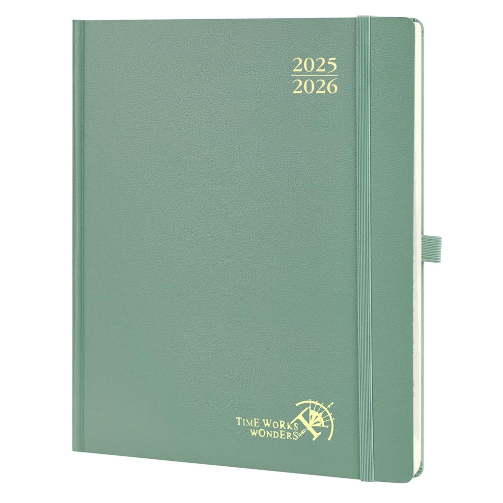 POPRUN Agenda 2025-2026 Semainier Vertical 26.5 x 21.5 cm, 17 Mois, Couverture Rigide, Vert Minuit