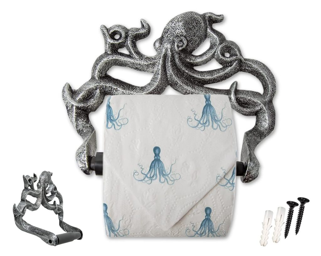 Porte-Rouleau Papier Toilette Fonte Pieuvre – Style Nautique Vintage – Argent et Noir