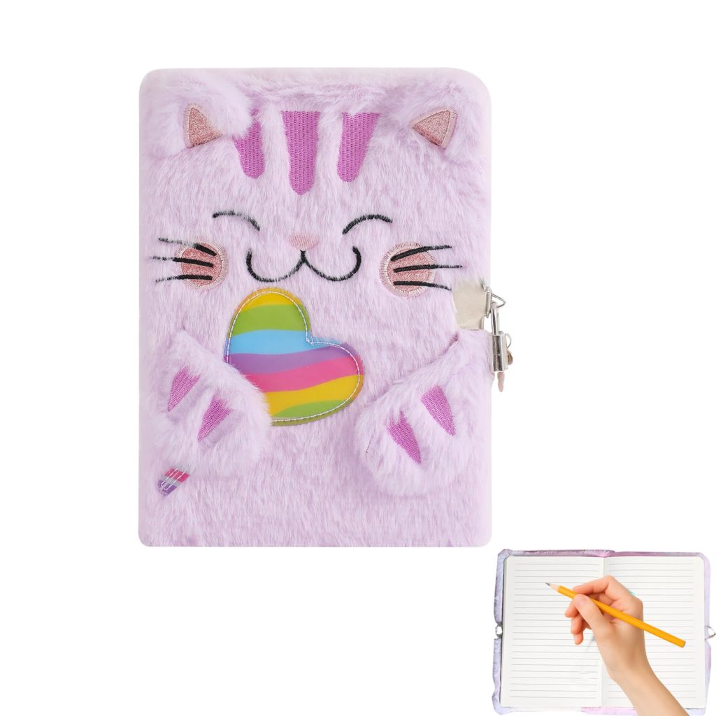 Journal Intime Fille avec Serrure et Clé - Carnet Secret Chat Peluche Douce Violet Arc-en-ciel - Cadeau Enfant 6 ans+
