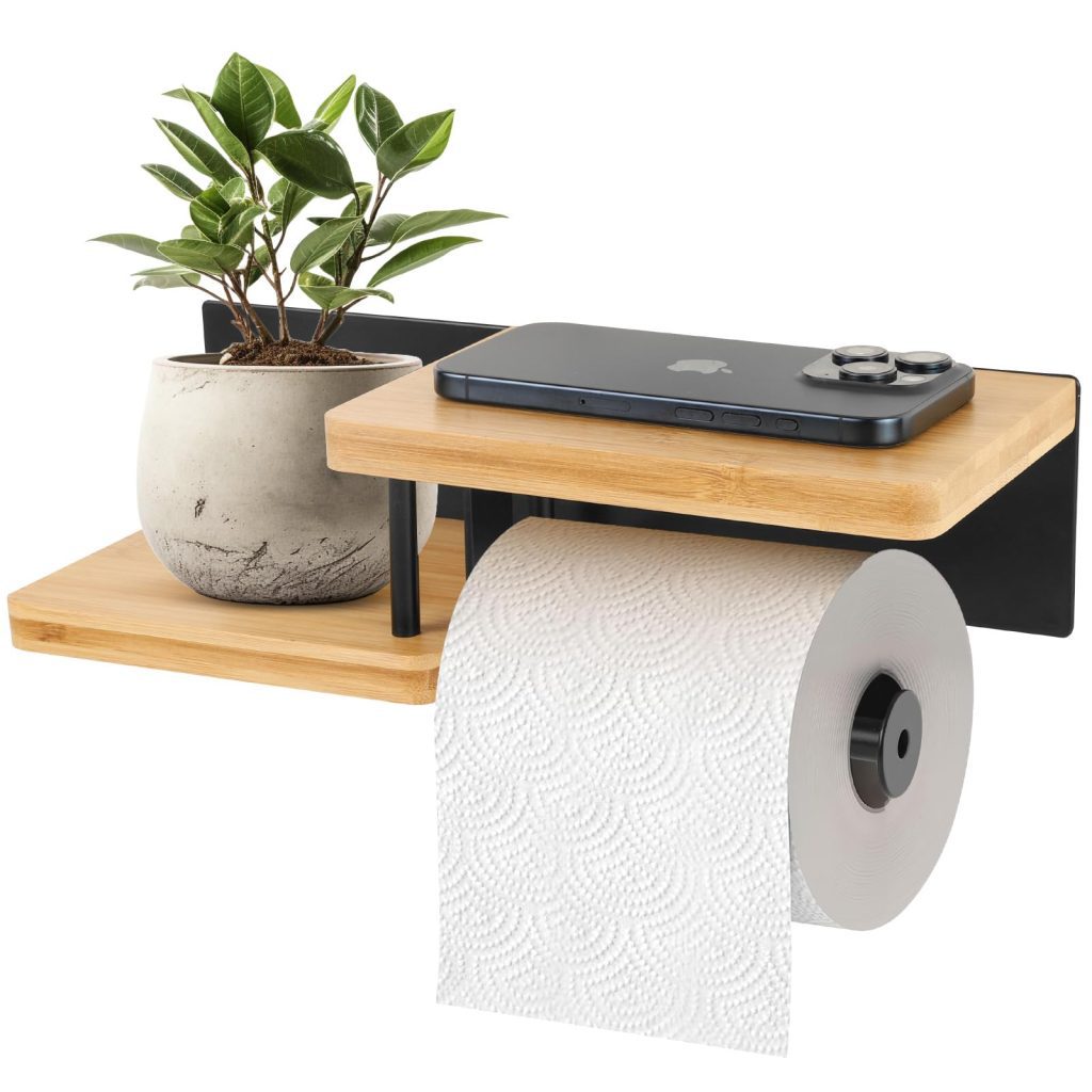 Diealles Shine® Porte-Papier Toilette Mural avec Étagère – Support sans Perçage en Bambou et Acier Inoxydable