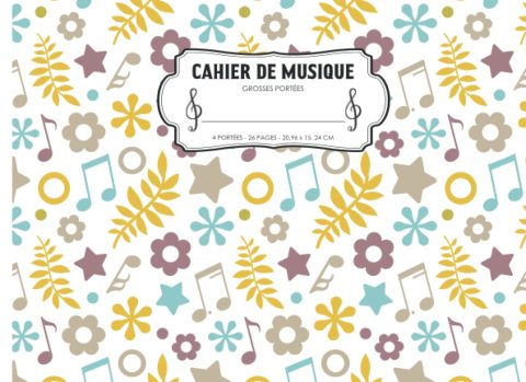 Cahier de Musique pour Enfants: 4 Portées, Carnet de Partitions Vierges pour Apprendre le Solfège, Format Italien, 24 Pages, Couverture Thème Fleurs et Notes de Musique