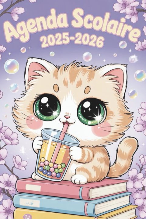 Agenda Scolaire 2025-2026 Fille A5 : 2 Jours par Page, Planificateur pour Primaire et Lycée, Thème Chat Mignon