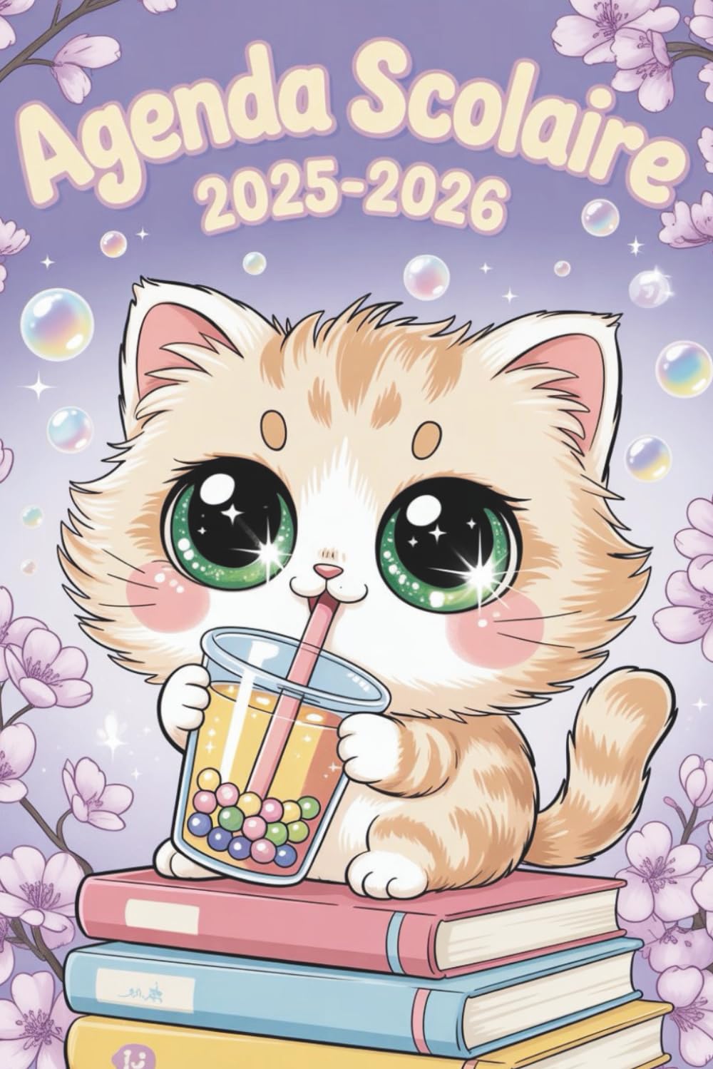 Agenda Scolaire 2025-2026 Fille A5 : 2 Jours par Page, Planificateur pour Primaire et Lycée, Thème Chat Mignon