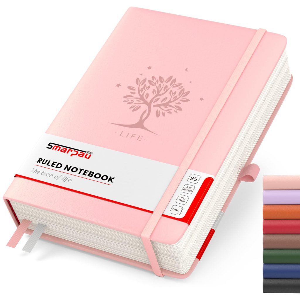 Smarpau Carnet de Notes B5 Ligné, Couverture Rigide Cuir, 320 Pages 100g/m², Journal Intime Rose pour Adultes, Travail, Études, Voyages